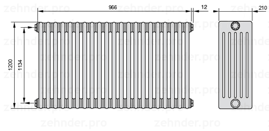 Схема (чертеж) Радиатор Zehnder Charleston 6120/21 №1270 Белый глянцевый RAL 9016